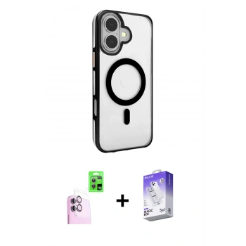 MARSİLYAN™- iPhone 16 Kılıf Doruk Doku Özel Seri - Siyah Bilvis 5in1 3D Magic Cam Ekran Koruyucu + Raze Metal Kamera Lens - PE
