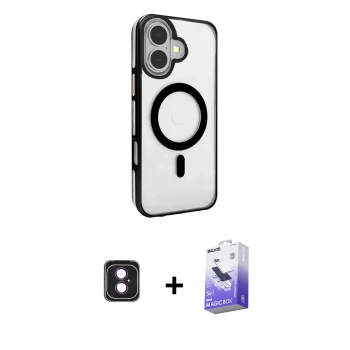 MARSİLYAN™- iPhone 16 Kılıf Doruk Doku Özel Seri - Siyah Bilvis 5in1 5D Magic Hayalet Cam Ekran Koruyucu + PVD Metal Kamera Lens - PE