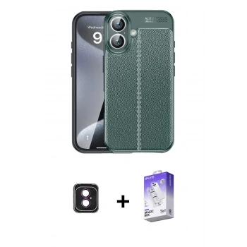 MARSİLYAN™- iPhone 16 Kılıf Doruk Klasik Özel Seri - Siyah Bilvis 5in1 3D Magic Cam Ekran Koruyucu + PVD Metal Kamera Lens - PE