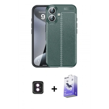 MARSİLYAN™- iPhone 16 Kılıf Doruk Klasik Özel Seri - Siyah Bilvis 5in1 5D Magic Hayalet Cam Ekran Koruyucu + PVD Metal Kamera Lens - PE