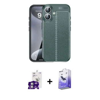 MARSİLYAN™- iPhone 16 Kılıf Doruk Klasik Özel Seri - Siyah Bilvis 5in1 5D Magic Hayalet Cam Ekran Koruyucu + Bilvis Titan Kamera Lens - GS
