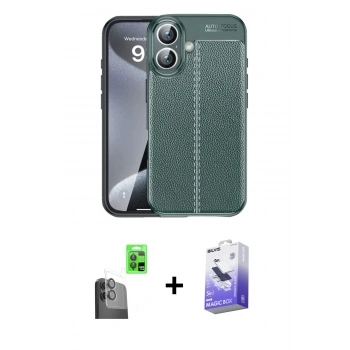 MARSİLYAN™- iPhone 16 Kılıf Doruk Klasik Özel Seri - Siyah Bilvis 5in1 5D Magic Hayalet Cam Ekran Koruyucu + Raze Metal Kamera Lens - SH