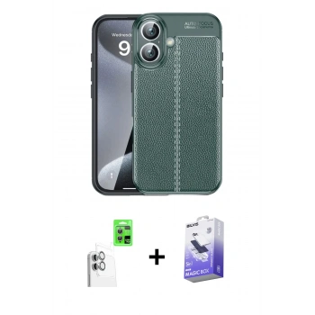 MARSİLYAN™- iPhone 16 Kılıf Doruk Klasik Özel Seri - Siyah Bilvis 5in1 5D Magic Hayalet Cam Ekran Koruyucu + Raze Metal Kamera Lens - BZ