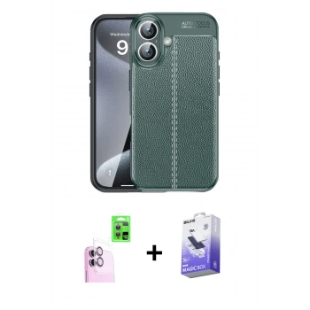 MARSİLYAN™- iPhone 16 Kılıf Doruk Klasik Özel Seri - Siyah Bilvis 5in1 5D Magic Hayalet Cam Ekran Koruyucu + Raze Metal Kamera Lens - PE