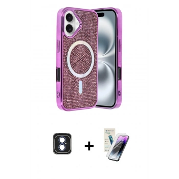 MARSİLYAN™- iPhone 16 Kılıf Eksen Çizgi - Şeffaf Pasifik Cam Ekran Koruyucu + PVD Metal Kamera Lens - MI
