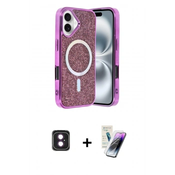 MARSİLYAN™- iPhone 16 Kılıf Eksen Çizgi - Şeffaf Pasifik Cam Ekran Koruyucu + PVD Metal Kamera Lens - PE