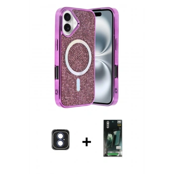 MARSİLYAN™- iPhone 16 Kılıf Eksen Çizgi - Siyah 360 Mat Full Body Arka Koruyucu + PVD Metal Kamera Lens - MI