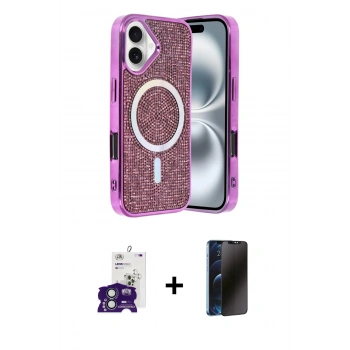 MARSİLYAN™- iPhone 16 Kılıf Eksen Çizgi - Siyah 3D Antistatik Hayalet Cam Ekran Koruyucu + Bilvis Titan Kamera Lens - YL