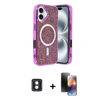 MARSİLYAN™- iPhone 16 Kılıf Eksen Çizgi - Siyah 3D Antistatik Mat Seramik Nano Ekran Koruyucu + PVD Metal Kamera Lens - MI
