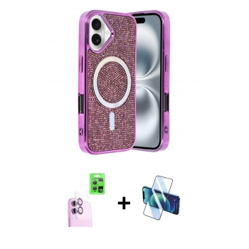 MARSİLYAN™- iPhone 16 Kılıf Eksen Çizgi - Siyah 3D Antistatik Seramik Nano Ekran Koruyucu + Raze Metal Kamera Lens - PE