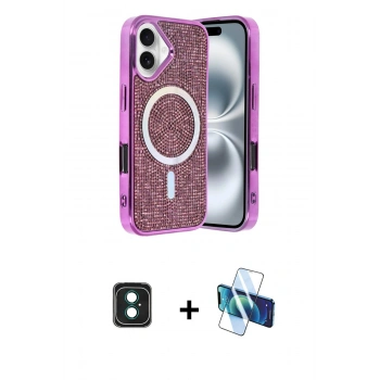 MARSİLYAN™- iPhone 16 Kılıf Eksen Çizgi - Siyah 3D Antistatik Seramik Nano Ekran Koruyucu + PVD Metal Kamera Lens - YL