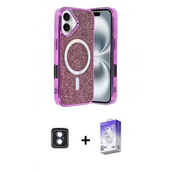 MARSİLYAN™- iPhone 16 Kılıf Eksen Çizgi - Siyah Bilvis 5in1 3D Magic Cam Ekran Koruyucu + PVD Metal Kamera Lens - MI
