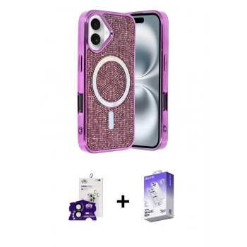 MARSİLYAN™- iPhone 16 Kılıf Eksen Çizgi - Siyah Bilvis 5in1 3D Magic Cam Ekran Koruyucu + Bilvis Titan Kamera Lens - SH