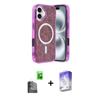 MARSİLYAN™- iPhone 16 Kılıf Eksen Çizgi - Siyah Bilvis 5in1 3D Magic Cam Ekran Koruyucu + Raze Metal Kamera Lens - SH