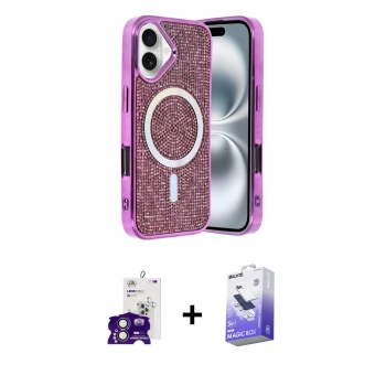 MARSİLYAN™- iPhone 16 Kılıf Eksen Çizgi - Siyah Bilvis 5in1 5D Magic Hayalet Cam Ekran Koruyucu + Bilvis Titan Kamera Lens - PE