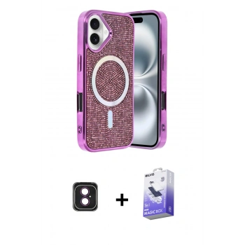 MARSİLYAN™- iPhone 16 Kılıf Eksen Çizgi - Siyah Bilvis 5in1 5D Magic Hayalet Cam Ekran Koruyucu + PVD Metal Kamera Lens - PE