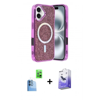 MARSİLYAN™- iPhone 16 Kılıf Eksen Çizgi - Siyah Bilvis 5in1 5D Magic Hayalet Cam Ekran Koruyucu + Raze Metal Kamera Lens - LT