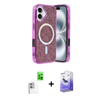 MARSİLYAN™- iPhone 16 Kılıf Eksen Çizgi - Siyah Bilvis 5in1 5D Magic Hayalet Cam Ekran Koruyucu + Raze Metal Kamera Lens - BZ