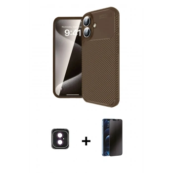 MARSİLYAN™- iPhone 16 Kılıf Eksen Form Prime - Siyah 3D Antistatik Hayalet Cam Ekran Koruyucu + PVD Metal Kamera Lens - PE