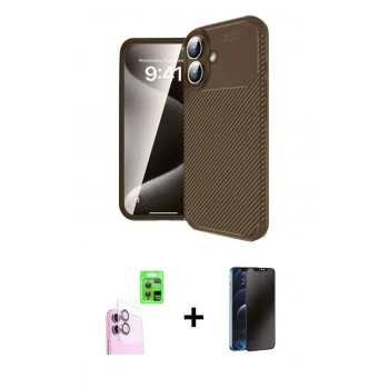 MARSİLYAN™- iPhone 16 Kılıf Eksen Form Prime - Siyah 3D Antistatik Hayalet Cam Ekran Koruyucu + Raze Metal Kamera Lens - PE