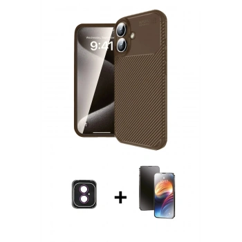 MARSİLYAN™- iPhone 16 Kılıf Eksen Form Prime - Siyah 3D Antistatik Mat Seramik Nano Ekran Koruyucu + PVD Metal Kamera Lens - PE