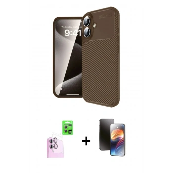 MARSİLYAN™- iPhone 16 Kılıf Eksen Form Prime - Siyah 3D Antistatik Mat Seramik Nano Ekran Koruyucu + Raze Metal Kamera Lens - PE