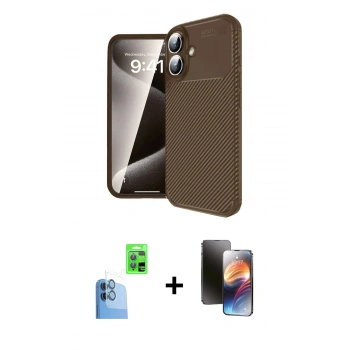 MARSİLYAN™- iPhone 16 Kılıf Eksen Form Prime - Siyah 3D Antistatik Mat Seramik Nano Ekran Koruyucu + Raze Metal Kamera Lens - LT
