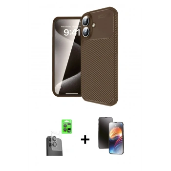 MARSİLYAN™- iPhone 16 Kılıf Eksen Form Prime - Siyah 3D Antistatik Mat Seramik Nano Ekran Koruyucu + Raze Metal Kamera Lens - SH