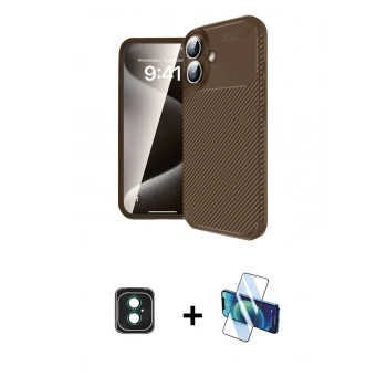 MARSİLYAN™- iPhone 16 Kılıf Eksen Form Prime - Siyah 3D Antistatik Seramik Nano Ekran Koruyucu + PVD Metal Kamera Lens - YL