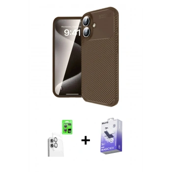 MARSİLYAN™- iPhone 16 Kılıf Eksen Form Prime - Siyah Bilvis 5in1 5D Magic Hayalet Cam Ekran Koruyucu + Raze Metal Kamera Lens - BZ