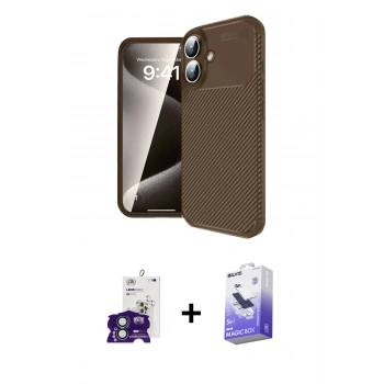 MARSİLYAN™- iPhone 16 Kılıf Eksen Form Prime - Siyah Bilvis 5in1 5D Magic Hayalet Cam Ekran Koruyucu + Bilvis Titan Kamera Lens - YL