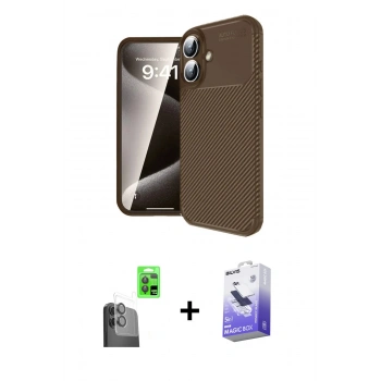 MARSİLYAN™- iPhone 16 Kılıf Eksen Form Prime - Siyah Bilvis 5in1 5D Magic Hayalet Cam Ekran Koruyucu + Raze Metal Kamera Lens - SH