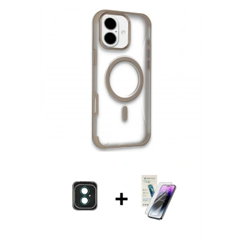 MARSİLYAN™- iPhone 16 Kılıf Eksen Klasik Koleksiyonu - Şeffaf Pasifik Cam Ekran Koruyucu + PVD Metal Kamera Lens - YL