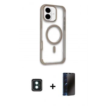MARSİLYAN™- iPhone 16 Kılıf Eksen Klasik Koleksiyonu - Siyah 3D Antistatik Hayalet Cam Ekran Koruyucu + PVD Metal Kamera Lens - YL