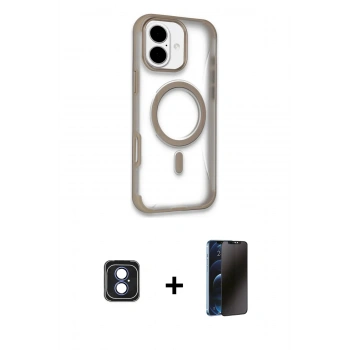 MARSİLYAN™- iPhone 16 Kılıf Eksen Klasik Koleksiyonu - Siyah 3D Antistatik Hayalet Cam Ekran Koruyucu + PVD Metal Kamera Lens - MI