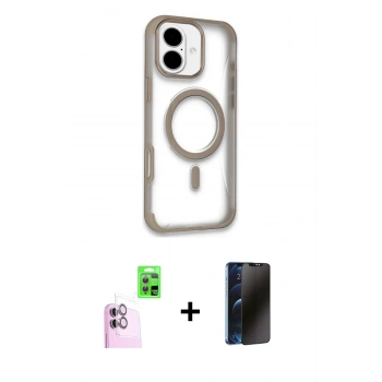 MARSİLYAN™- iPhone 16 Kılıf Eksen Klasik Koleksiyonu - Siyah 3D Antistatik Hayalet Cam Ekran Koruyucu + Raze Metal Kamera Lens - PE