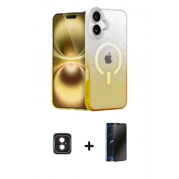 MARSİLYAN™- iPhone 16 Kılıf Eksen Minimal Özel Seri - Siyah 3D Antistatik Hayalet Cam Ekran Koruyucu + PVD Metal Kamera Lens - PE