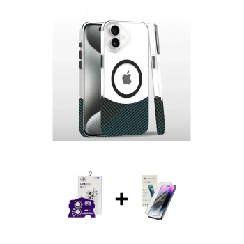 MARSİLYAN™- iPhone 16 Kılıf İz Asil Prime - Şeffaf Pasifik Cam Ekran Koruyucu + Bilvis Titan Kamera Lens - GS