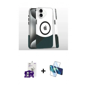 MARSİLYAN™- iPhone 16 Kılıf İz Asil Prime - Siyah 3D Antistatik Seramik Nano Ekran Koruyucu + Bilvis Titan Kamera Lens - GS