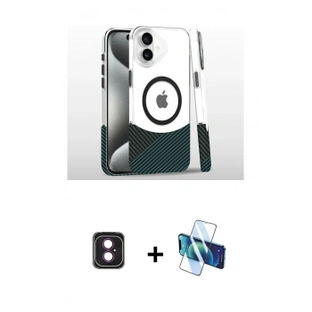 MARSİLYAN™- iPhone 16 Kılıf İz Asil Prime - Siyah 3D Antistatik Seramik Nano Ekran Koruyucu + PVD Metal Kamera Lens - PE