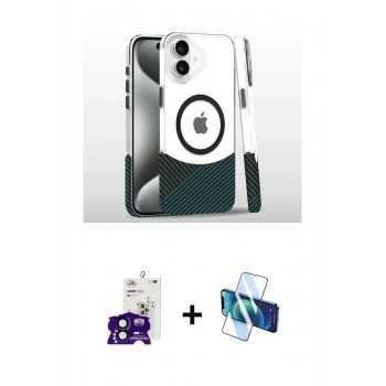 MARSİLYAN™- iPhone 16 Kılıf İz Asil Prime - Siyah 3D Antistatik Seramik Nano Ekran Koruyucu + Bilvis Titan Kamera Lens - SH