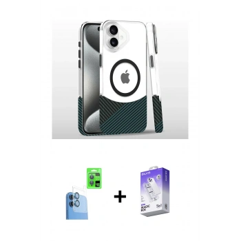 MARSİLYAN™- iPhone 16 Kılıf İz Asil Prime - Siyah Bilvis 5in1 3D Magic Cam Ekran Koruyucu + Raze Metal Kamera Lens - LT