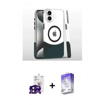 MARSİLYAN™- iPhone 16 Kılıf İz Asil Prime - Siyah Bilvis 5in1 3D Magic Cam Ekran Koruyucu + Bilvis Titan Kamera Lens - SH