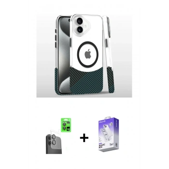 MARSİLYAN™- iPhone 16 Kılıf İz Asil Prime - Siyah Bilvis 5in1 3D Magic Cam Ekran Koruyucu + Raze Metal Kamera Lens - SH