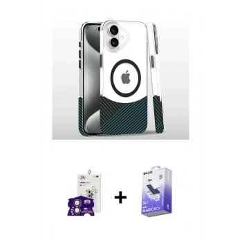 MARSİLYAN™- iPhone 16 Kılıf İz Asil Prime - Siyah Bilvis 5in1 5D Magic Hayalet Cam Ekran Koruyucu + Bilvis Titan Kamera Lens - PE