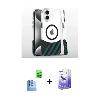 MARSİLYAN™- iPhone 16 Kılıf İz Asil Prime - Siyah Bilvis 5in1 5D Magic Hayalet Cam Ekran Koruyucu + Raze Metal Kamera Lens - LT