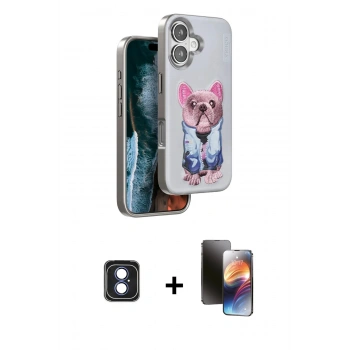 MARSİLYAN™- iPhone 16 Kılıf İz Minimal Koleksiyonu - Siyah 3D Antistatik Mat Seramik Nano Ekran Koruyucu + PVD Metal Kamera Lens - MI