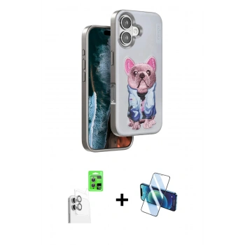 MARSİLYAN™- iPhone 16 Kılıf İz Minimal Koleksiyonu - Siyah 3D Antistatik Seramik Nano Ekran Koruyucu + Raze Metal Kamera Lens - BZ