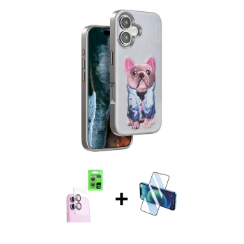 MARSİLYAN™- iPhone 16 Kılıf İz Minimal Koleksiyonu - Siyah 3D Antistatik Seramik Nano Ekran Koruyucu + Raze Metal Kamera Lens - PE