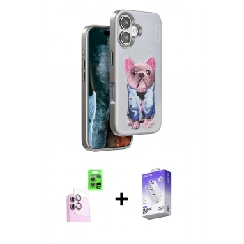 MARSİLYAN™- iPhone 16 Kılıf İz Minimal Koleksiyonu - Siyah Bilvis 5in1 3D Magic Cam Ekran Koruyucu + Raze Metal Kamera Lens - PE